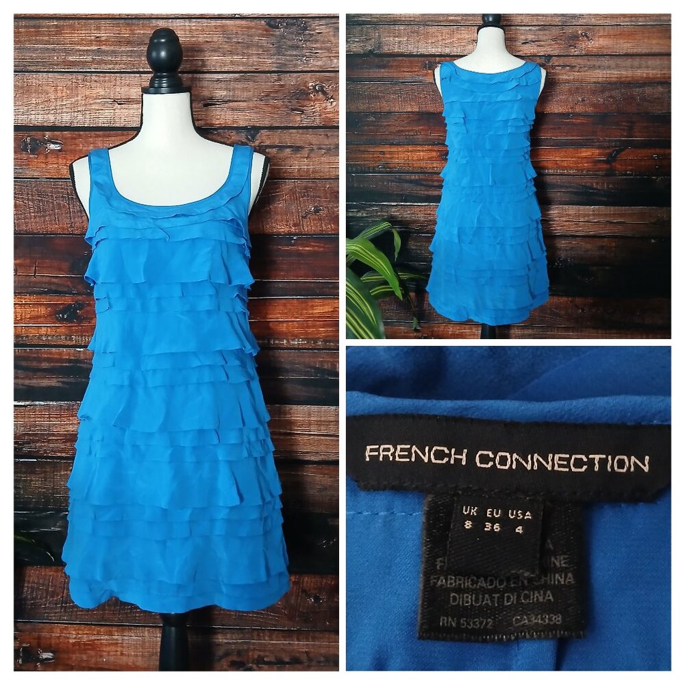 French Connection 100% Silk Dress Blue Tiered Ruffle Lined